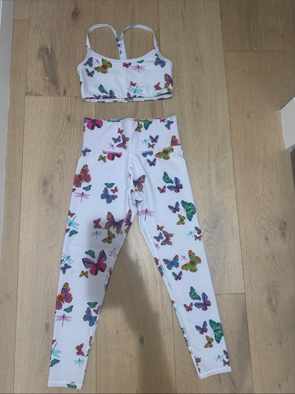 TEREZ set- Butterfly Print Active Top and pants- Purple, Teal, White light grey